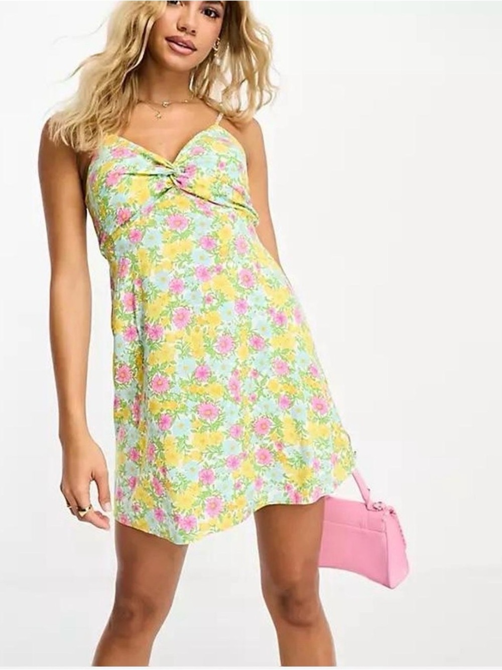 Floral Twist-Front Sundress in Yellow and Pink